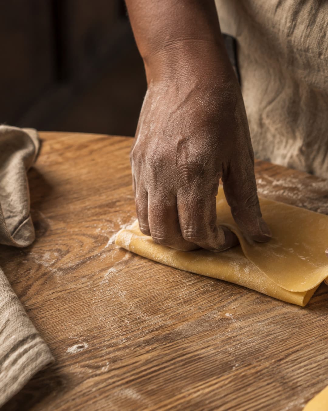 Fresh pasta being made by hand in the kitchen