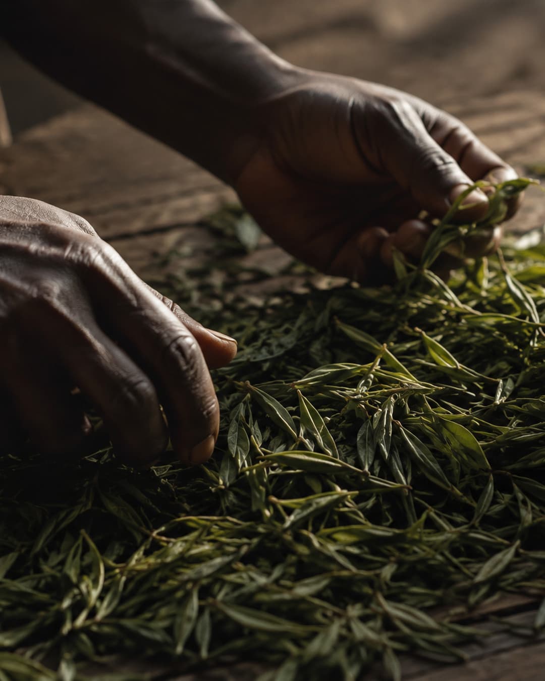 Picking tea on the plantation beside the kitchen garden