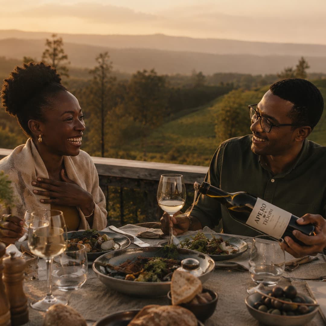 Two guests laughing at a table on the deck at golden hour, one pouring white wine, tea hills behind