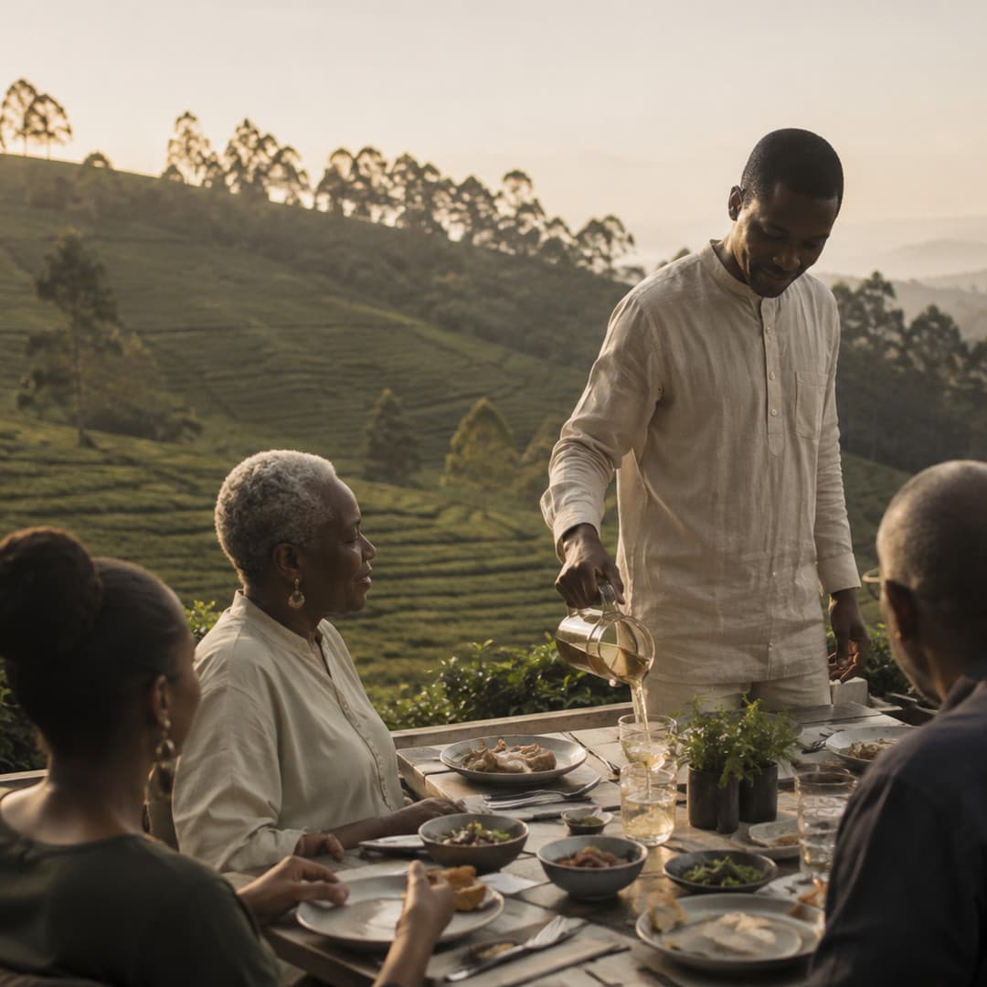 A host pouring a drink for guests at an outdoor table beside the tea terraces