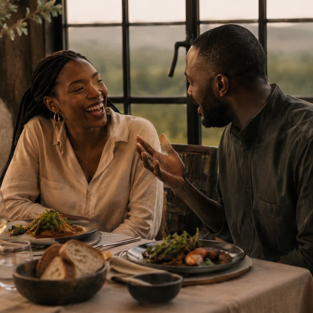 Two guests in conversation over lunch beside a tall window