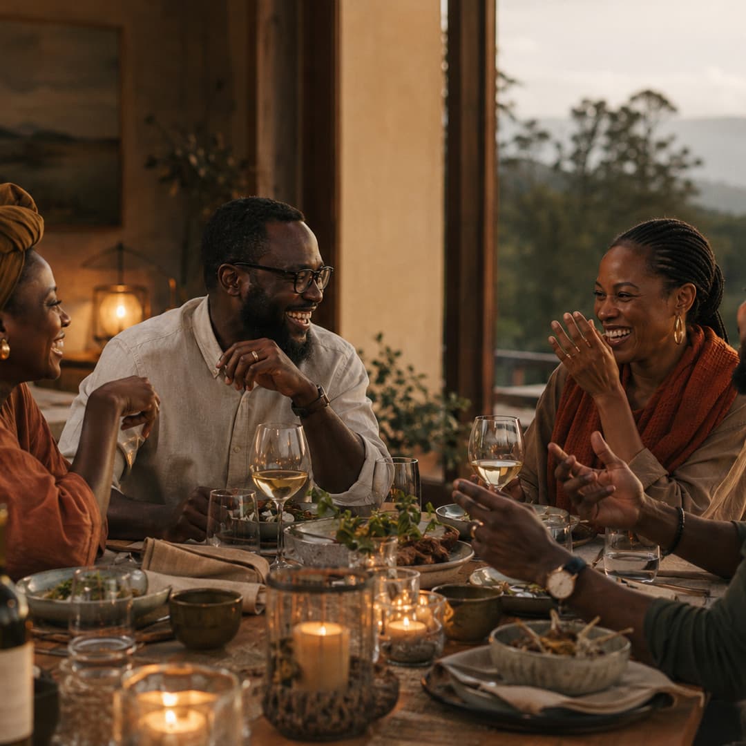 Guests laughing around a candlelit table indoors, glasses of white wine in hand