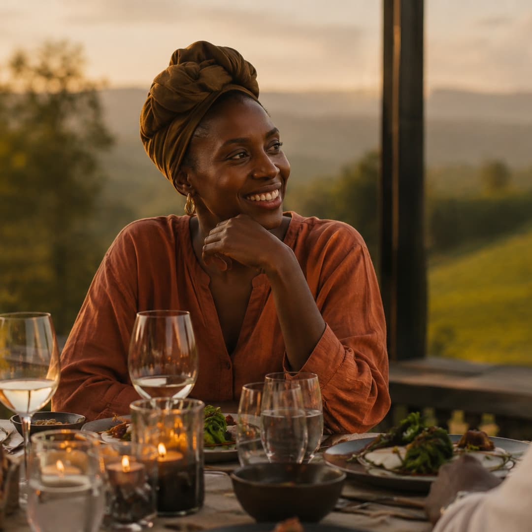 A guest in a headwrap smiling at a candlelit table, green hills behind