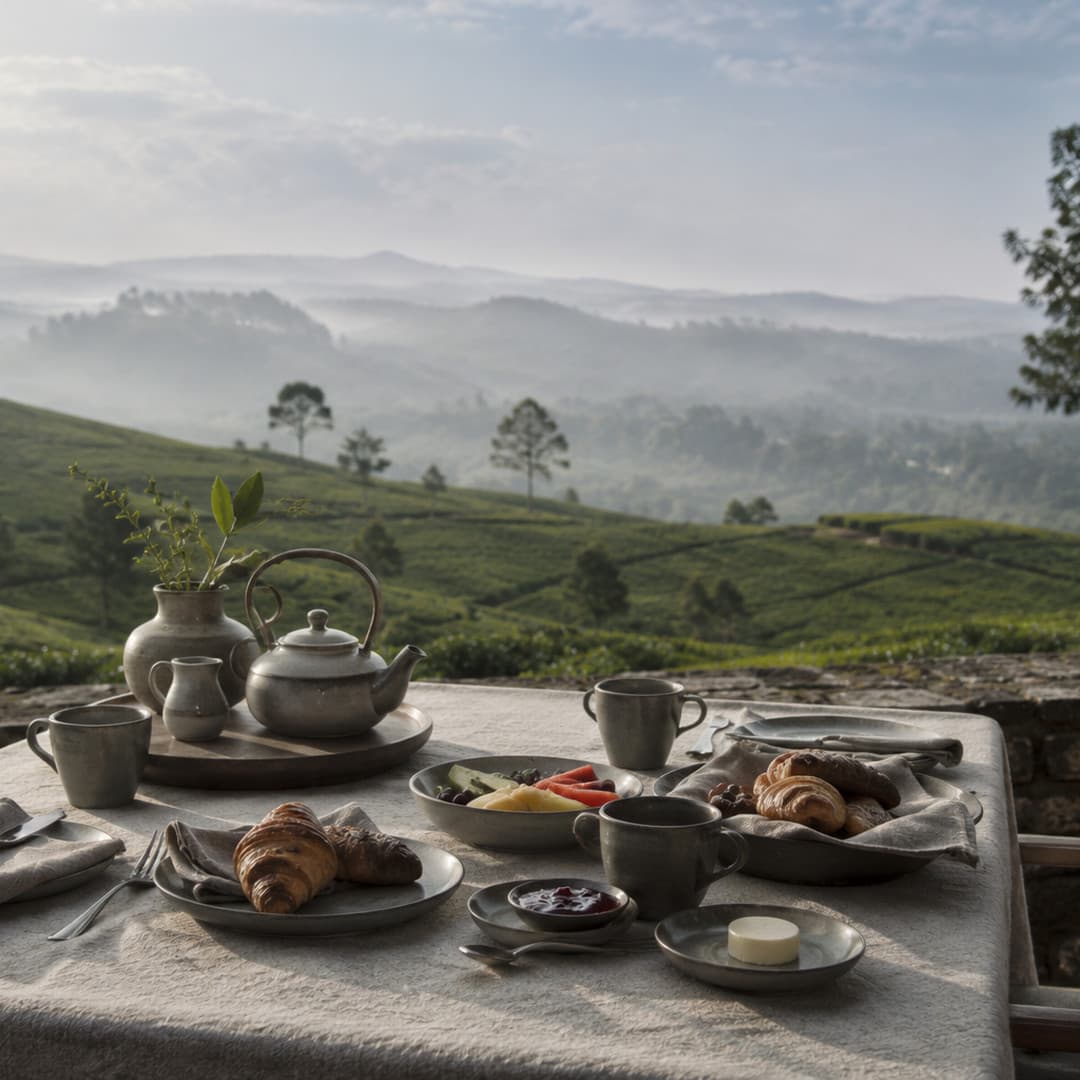A teapot, cups, croissants and fruit on a linen-covered table above misty tea fields