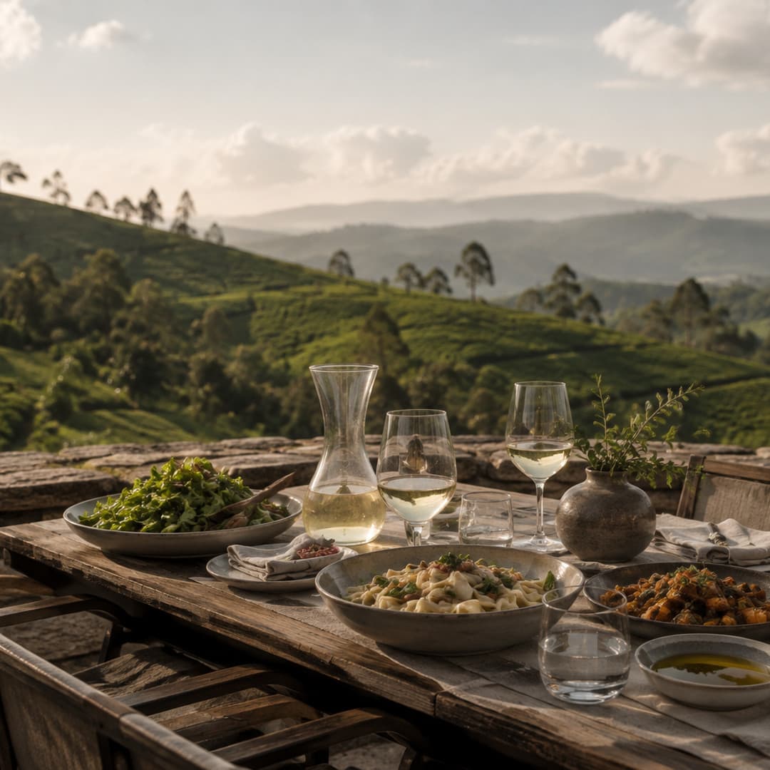 A wooden table set with pasta, salad, a carafe and white wine on a stone terrace above the tea hills