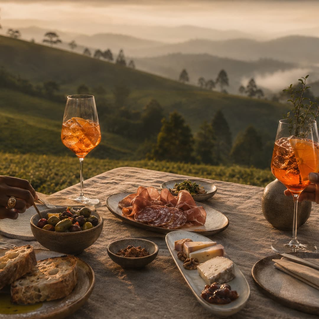 Two orange spritzes, olives, cured meats, cheese and bread on a linen-covered table above the tea hills