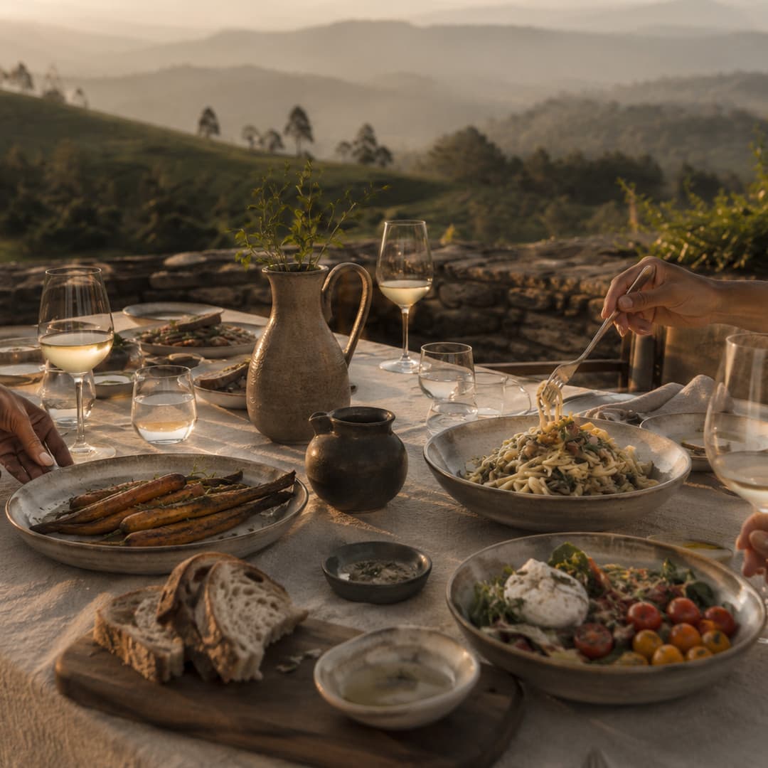 A shared lunch of pasta, roast carrots, salad and bread on a terrace table, a sprig of herbs in a jug, hills behind