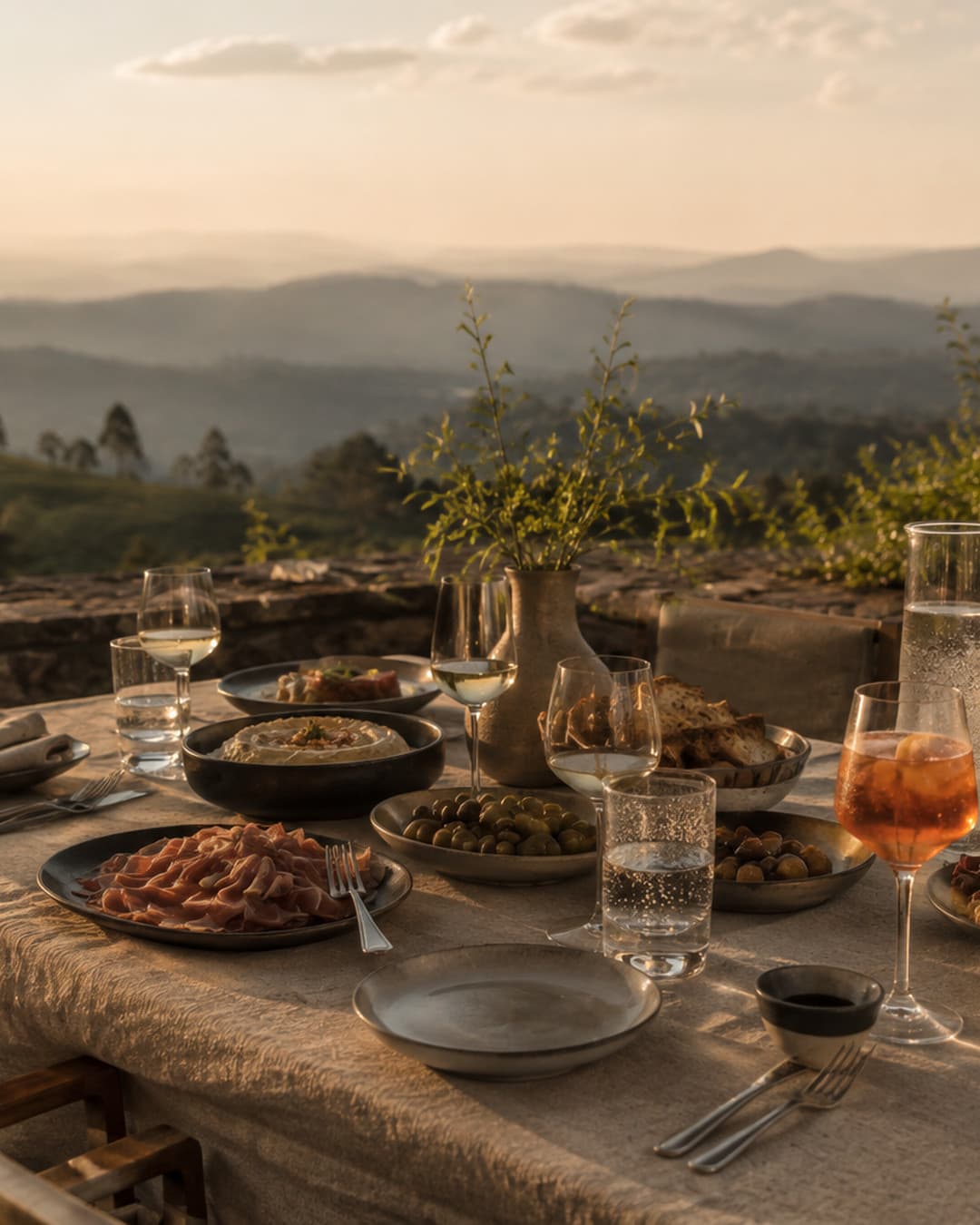 Cured ham, olives, bread, dips and drinks laid on a table above the hills at sunset
