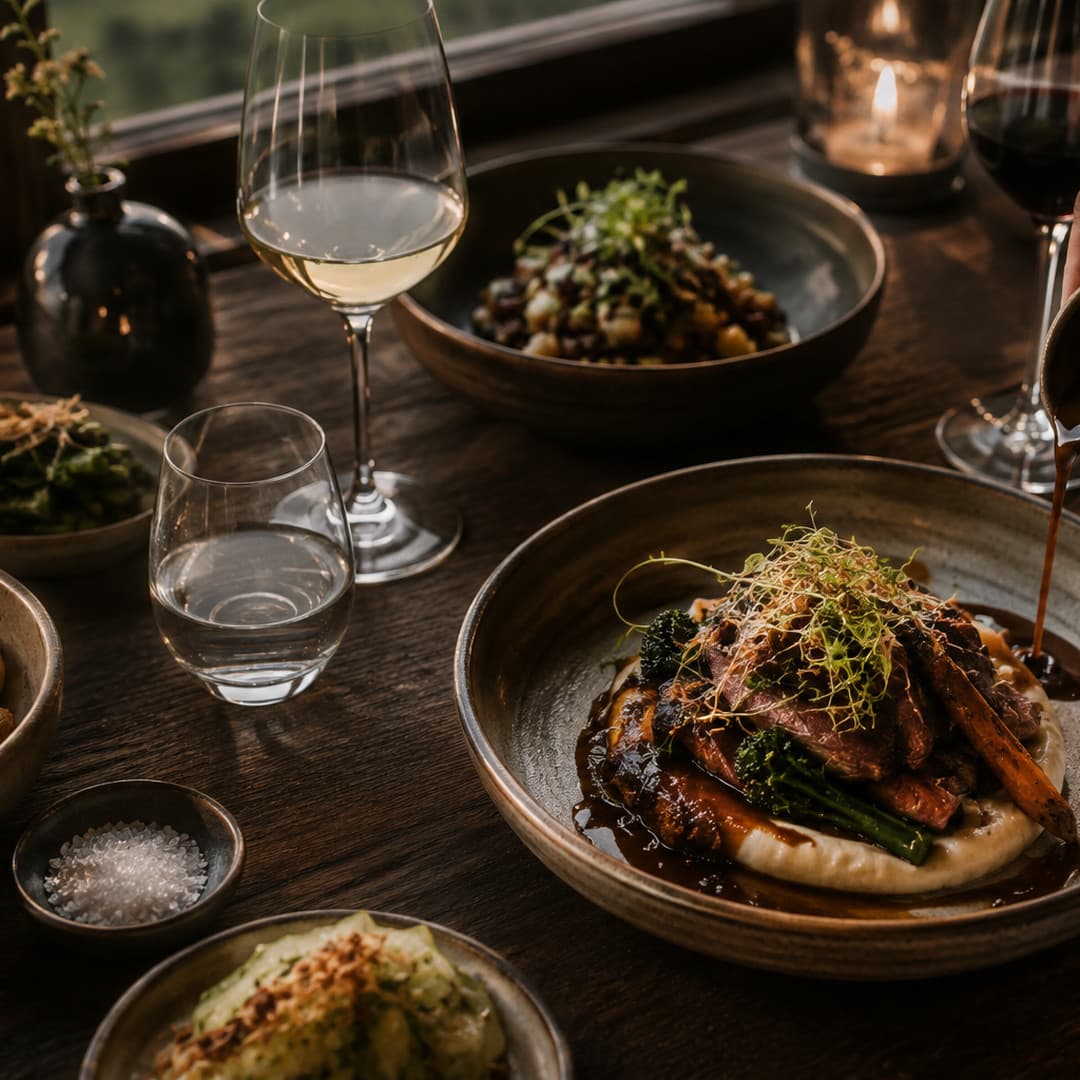 White and red wine beside plated dishes on a dark wooden table, sauce being poured