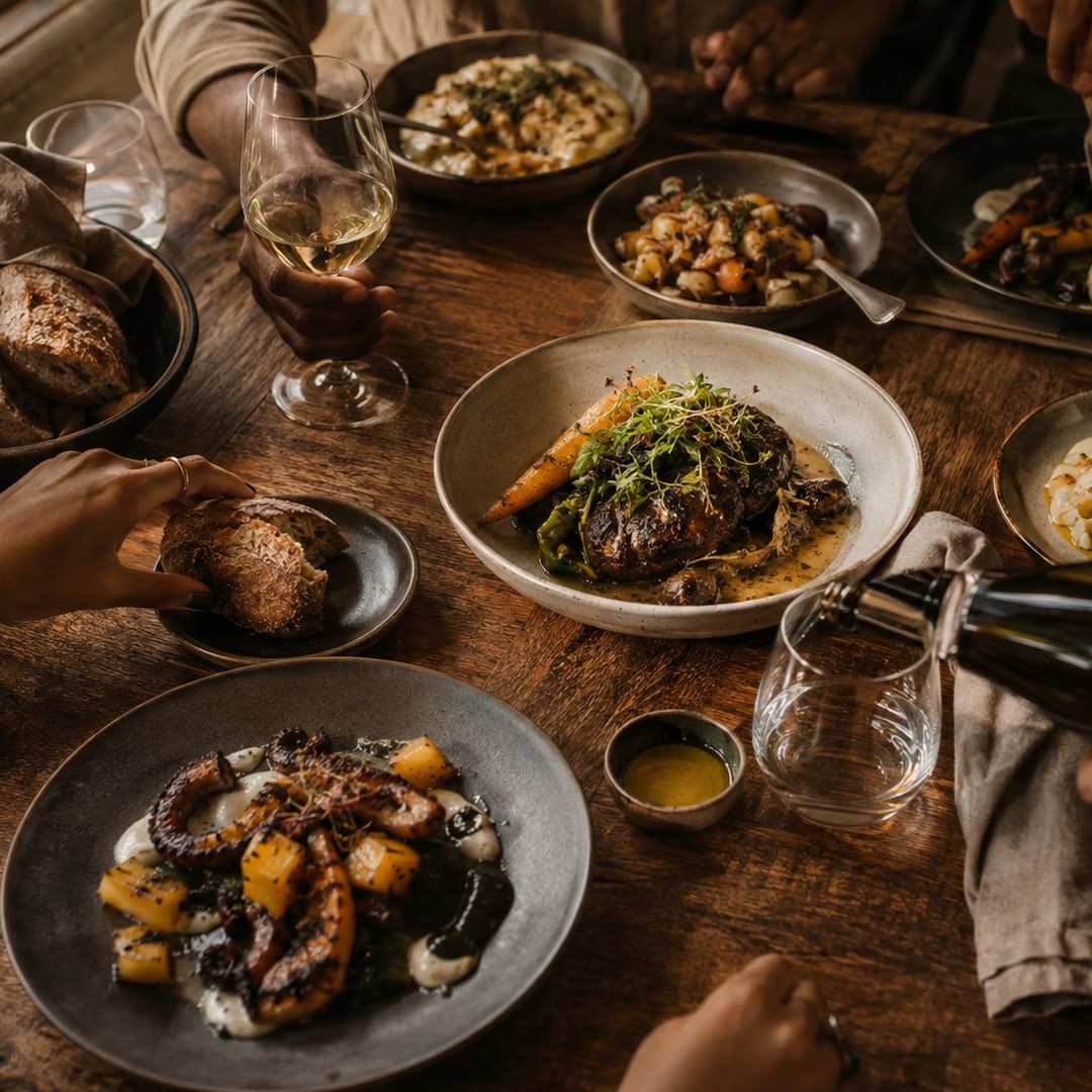 Plated dishes, bread and white wine on a wooden table, seen from above